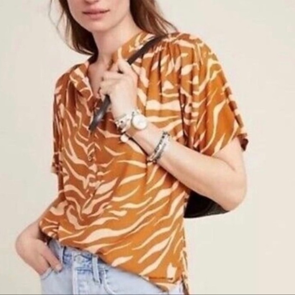 Maeve‎ Anthropologie Windham Zebra Print Mandarin Collar Blouse Small Short Slv